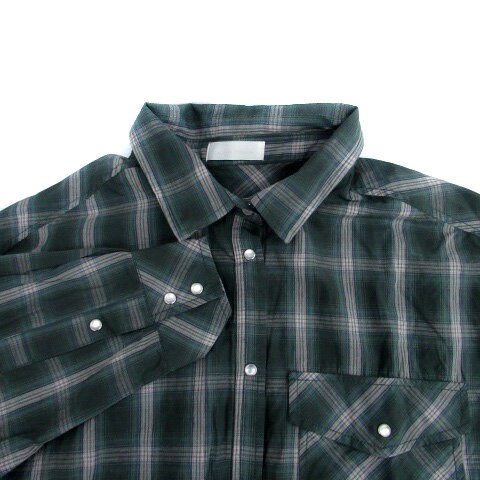 【中古】キャトルメラ—ジュ Quatre melange カジュアルシャツ 長袖 チェック柄 ロング丈 M モスグリーン オフホワイト /HO30 レディース 【ベクトル 古着】 250501