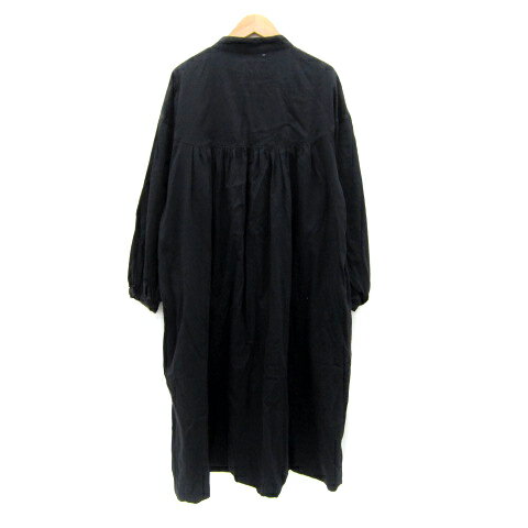 【中古】サンバレー SUN VALLEY シャツワンピース ロング丈 長袖 バンドカラー 無地 M 黒 ブラック /SY37 レディース 【ベクトル 古着】 250425