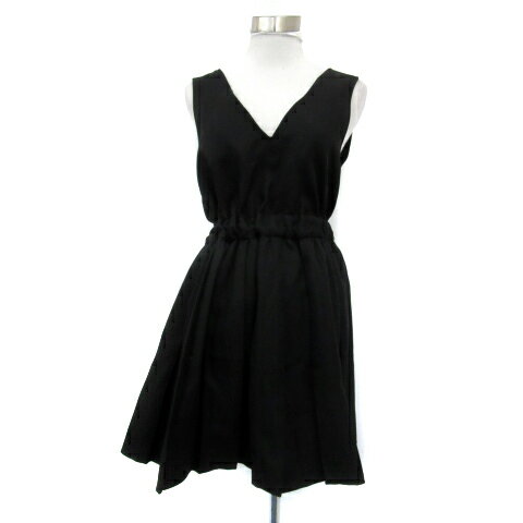 【中古】ヘザー Heather ワンピース ミニ丈 ノースリーブ Vネック ヘリンボーン柄 プリーツ F 黒 ブラック /YS23 レディース 【ベクトル 古着】 250422