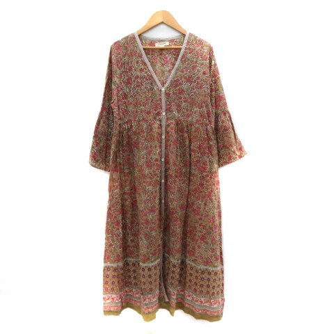 【中古】フリークスストア FREAKS STORE シャツワンピース ロング丈 七分袖 Vネック 花柄 F マルチカラー ベージュ /YK42 レディース 【ベクトル 古着】 250424