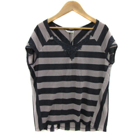 【中古】未使用品 ファヴォリ favori カットソー 半袖 ラウンドネック ボーダー柄 レース グレージュ 紺 ネイビー /YS30 レディース 【ベクトル 古着】 250529