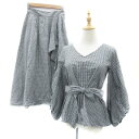【中古】ミミ&ロジャー mimi&roger セットアップ 上下 ブラウス カットソー 七分袖 Vネック リボン フレアスカート ミモレ丈 アシンメトリー ギンガムチェック柄 36 S ブラック 黒 /YM7 レディース 【ベクトル 古着】 250523