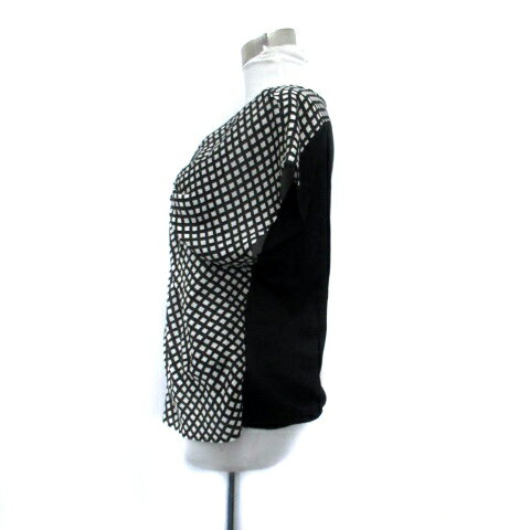 【中古】インディヴィ INDIVI ブラウス カットソー ラウンドネック フレアスリーブ グラフチェック柄 38 M オフホワイト 黒 ブラック /HO44 レディース 【ベクトル 古着】 250605