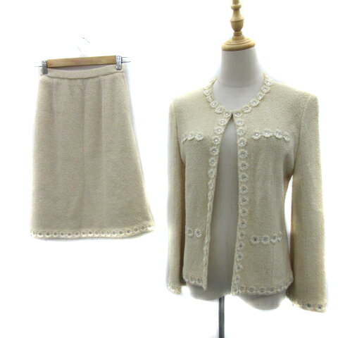 【中古】ミスジェイ MISS J セットアップ 上下 ノーカラージャケット ミドル丈 フレアスカート ミモレ丈 花モチーフ アイボリー /YS14 レディース 【ベクトル 古着】 250613