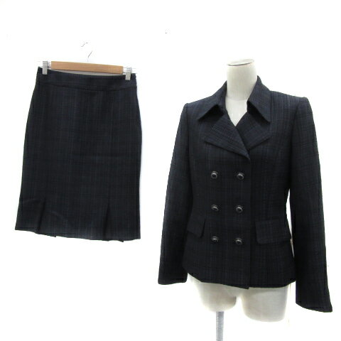 【中古】モディファイ Modify セットアップ 上下 テーラードジャケット ミドル丈 ダブルボタン タイトスカート ミモレ丈 チェック柄 ツイード 上40 L 下38 M 紺 ネイビー /YS13 レディース 【ベクトル 古着】 250606