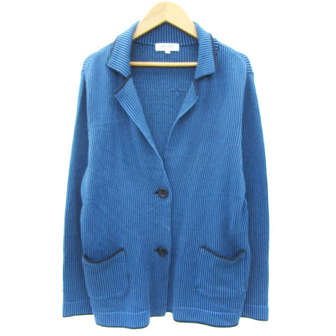 【中古】ピエールカルダン Pierre Cardin ニットテーラードジャケット ミドル丈 シングルボタン ストライプ柄 42 XL ブルー 青 ブラック 黒 /YM20 レディース 【ベクトル 古着】 250716