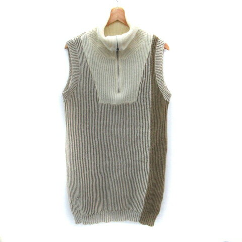 【中古】イデム idem ニットワンピース ひざ丈 ノースリーブ タートルネック ハーフジップ ストライプ柄 F ベージュ アイボリー /SM23 レディース 【ベクトル 古着】 250708