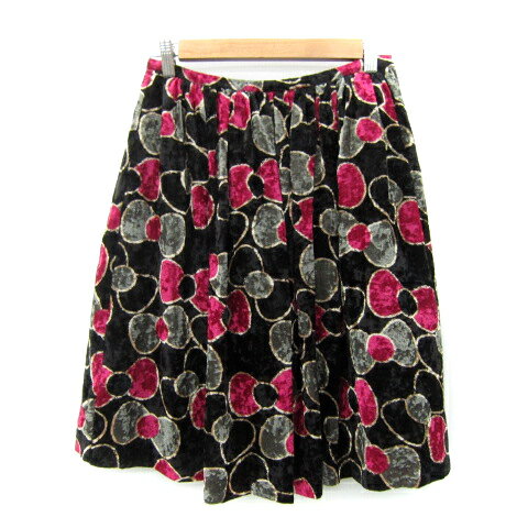 【中古】プープレ peu pres daily ベロアスカート フレアスカート ミモレ丈 リボン柄 マルチカラー F 黒 ブラック /SY14 レディース 【ベクトル 古着】 250723