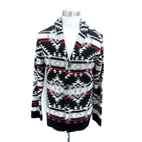 【中古】ジーアールエヌ grn ニットカーディガン ショールカラー ミドル丈 トライバル柄 2 M マルチカラー 黒 ブラック /HO29 レディース 【ベクトル 古着】 250722