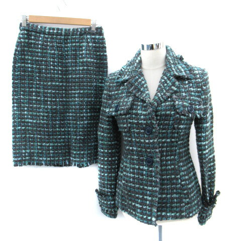 【中古】HEMOTI セットアップ 上下 テーラードジャケット ミドル丈 ツイード 総裏地 シングルボタン タイトスカート ミモレ丈 上42 XL 下40 L 緑 グリーン ダークグレー /SM15 レディース 【ベクトル 古着】 250806