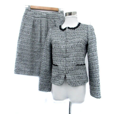 【中古】デッサン Dessin セットアップ 上下 ノーカラージャケット ミドル丈 フレアスカート ミモレ丈 2 M オフホワイト 黒 ブラック /HO1 レディース 【ベクトル 古着】 250821