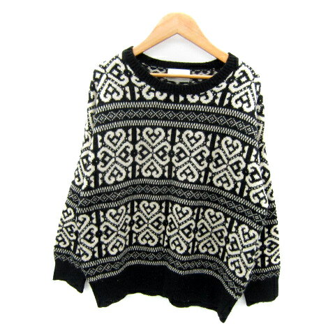 【中古】ベラジョーンズ Bella Jones ニット セーター 長袖 ラウンドネック 総柄 黒 ブラック 白 ホワ..