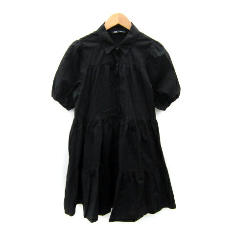 【中古】ザラ ZARA ティアードワンピース シャツワンピース ミニ丈 半袖 無地 M 黒 ブラック /SY48 レディース 【ベクトル 古着】 251003