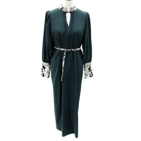 【中古】未使用品 エジック Ezick ワンピース 長袖 マキシ丈 ロング丈 スリットネック 刺繍 ベルト付き F 緑 グリーン 黒 ブラック /MA5 レディース 【ベクトル 古着】 251104