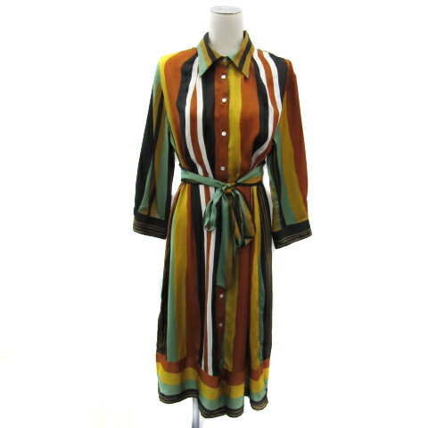 【中古】ザラ ベーシック ZARA BASIC シャツワンピース ミモレ丈 長袖 ストライプ柄 リボンベルト付き M マルチカラー オレンジ /YS23 レディース 【ベクトル 古着】 251014
