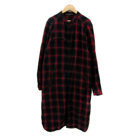 【中古】ザラ トラファルック ZARA Trafaluc シャツワンピース ミモレ丈 長袖 チェック柄 バック刺繍 M 赤 レッド 黒 ブラック /YS15 レディース 【ベクトル 古着】 251110