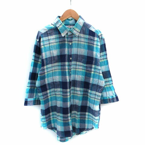 【中古】エドウィン EDWIN チュニックシャツ 七分袖 チェック柄 M マルチカラー 水色 ライトブルー 紺 ネイビー /SM2 レディース 【ベクトル 古着】 251106