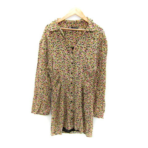 【中古】ザラ ZARA シャツワンピース ミニ丈 長袖 スキッパーカラー 花柄 マルチカラー M 黒 ブラック /SY5 レディース 【ベクトル 古..