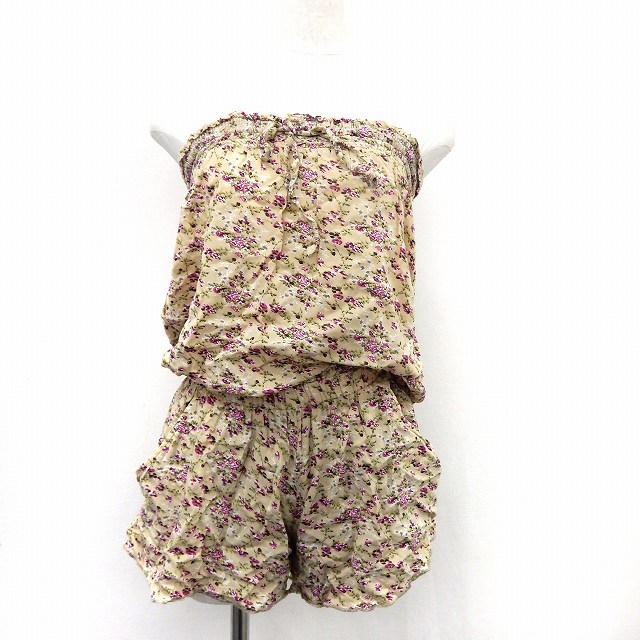 【中古】ミスティック mystic オールインワン ショート 花柄 ベアトップ ウエストゴム ポケット F ベージュ /ST28 レディース 【ベクトル 古着】 200429 ブランド古着ベクトルプレミアム店