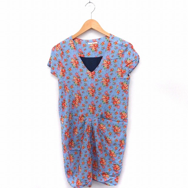 【中古】シップス SHIPS ワンピース 花柄 Vネック 半袖 ひざ丈 ブルー 青 /FT19 レディース 【ベクトル 古着】 200618 ブランド古着ベクトルプレミアム店