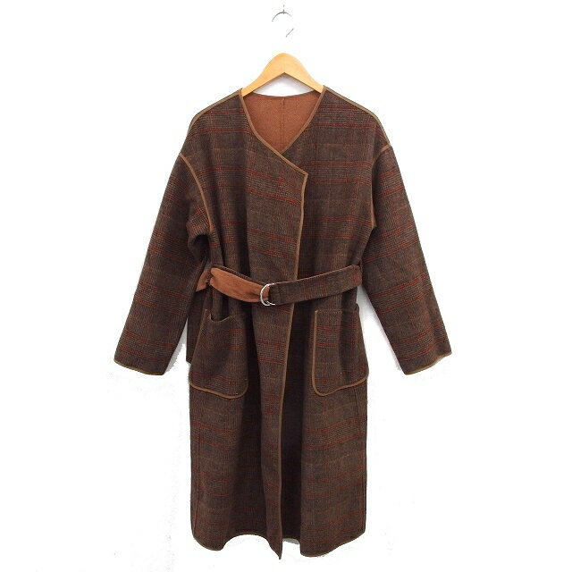 【中古】レイビームス Ray Beams リバーシブル ノーカラー コート スリット ロング ウール混 ベルト グレンチェック 茶 ブラウン /NT5 レディース 【ベクトル 古着】 250514