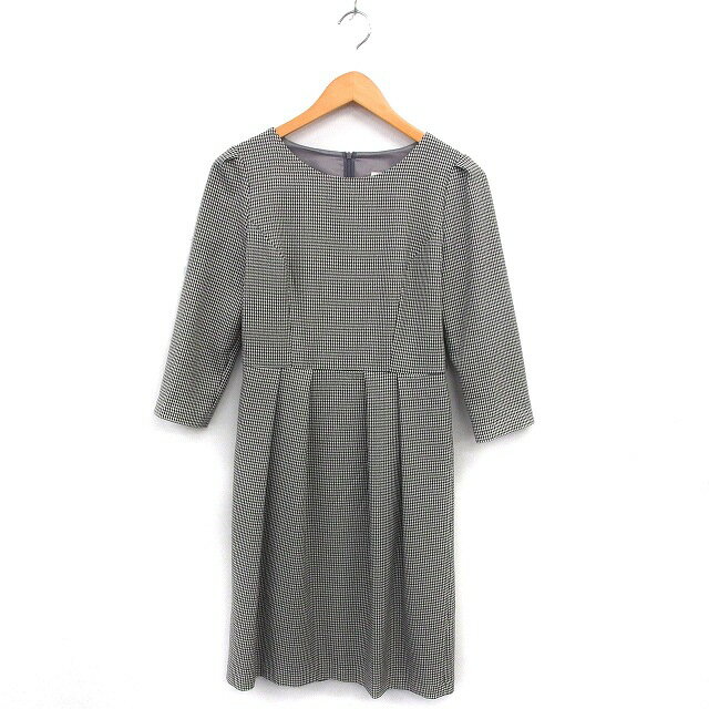 【中古】ストロベリーフィールズ STRAWBERRY-FIELDS 千鳥柄 ワンピース フレア ひざ丈 ボートネック タック バックジップ 七分袖 2 黒 ブラック /NT35 レディース 【ベクトル 古着】 250514