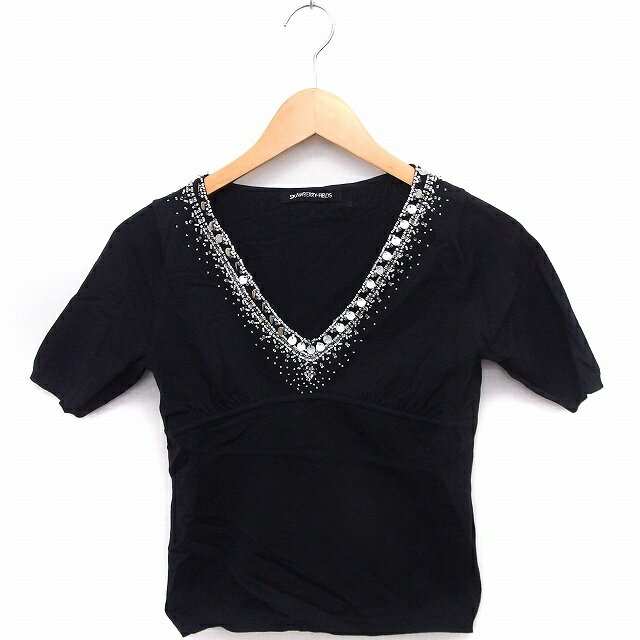 【中古】ストロベリーフィールズ STRAWBERRY-FIELDS ニット セーター ビーズ装飾 Vネック 半袖 綿 ブラック 黒 /FT8 レディース 【ベクトル 古着】 200826 ブランド古着ベクトルプレミアム店