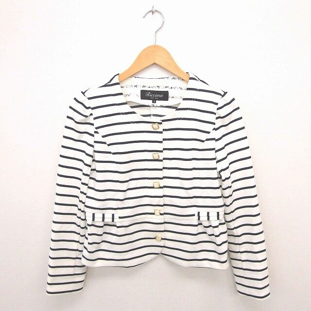 リッチミー Riccimie ジャケット アウター ノーカラー ボーダー レース 長袖 1 アイボリー ネイビー 白 紺 /TT11 レディース  200724 ブランド古着ベクトルプレミアム店