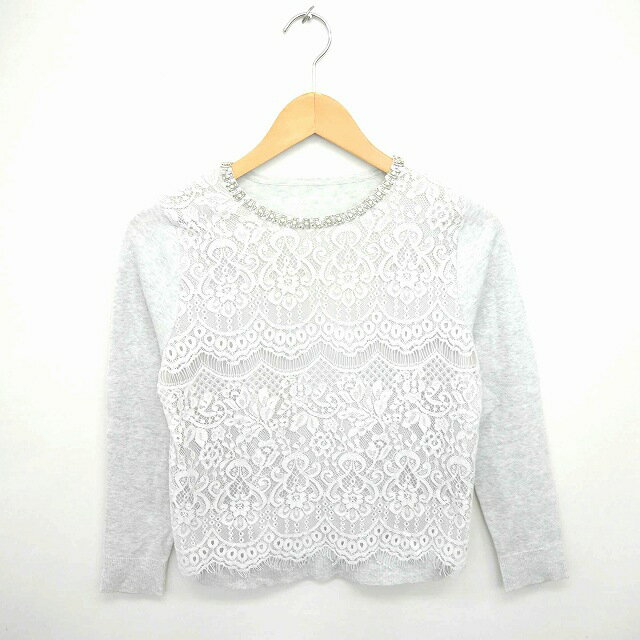 【中古】ジャスグリッティー JUSGLITTY ニット セーター 丸首 レース ビジュー 薄手 長袖 2 グレー 灰 /TT3 レディース 【ベクトル 古着】 ...
