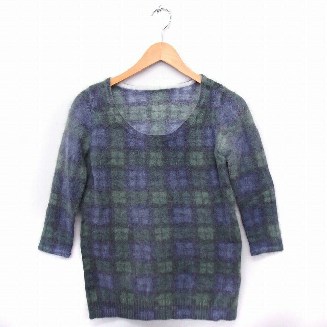 【中古】アダムエロペ Adam et Rope' ニット セーター チェック 丸首 七分袖 アンゴラ 38 グリーン 緑 ブルー 青 /FT1 レディース 【ベクトル 古着】 210402