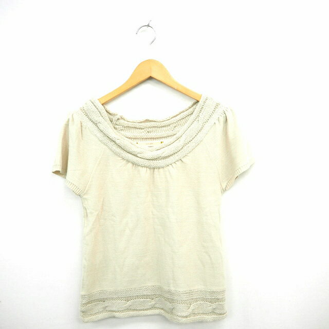 【中古】ピンクアドベ pink adobe ニット セーター リブ ケーブル編み 丸首 半袖 M アイボリー /MT2 レ..