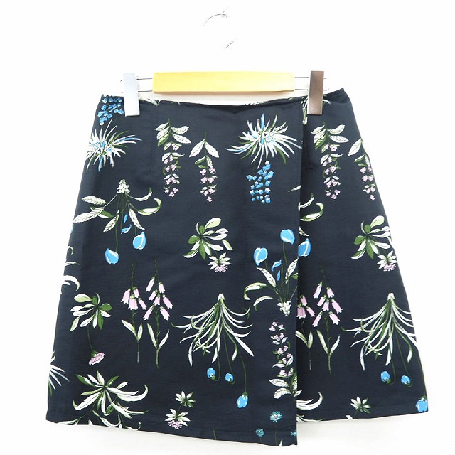 【中古】エージーバイアクアガール AG by aquagirl スカート 台形 花柄 ひざ丈 M ネイビー ライトグリーン 紺 黄緑 /MT44 レディース 【ベクトル 古着】 210811