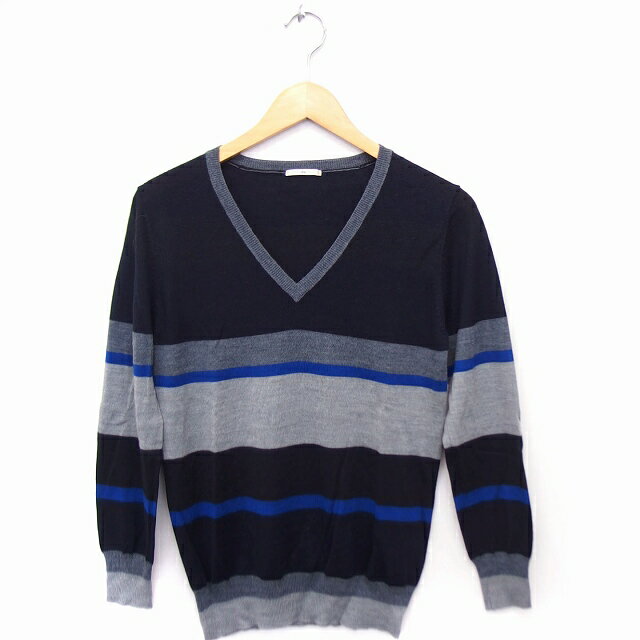 【中古】シップス SHIPS ニット セーター 配色 薄手 Vネック 長袖 ウール混 ブラック 黒 グレー 灰 /FT..