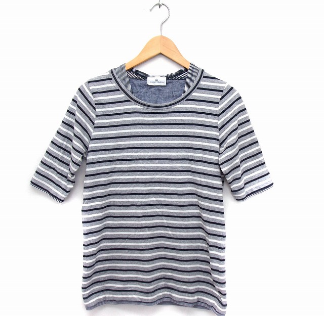 【中古】ルベント le vent SOUFFLE カットソー Tシャツ ボーダー 切替 丸首 五分袖 コットン 綿 グレー..