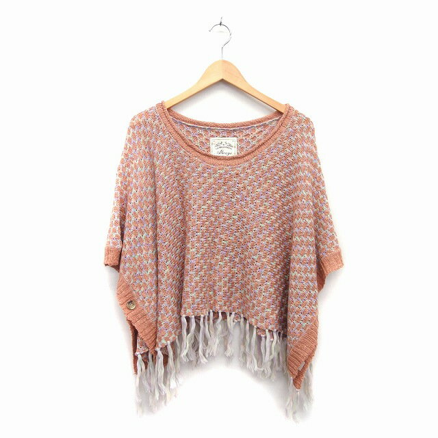 【中古】グリーム Gleam ニット ポンチョ 丸首 七分袖 総柄 かぎ針編み フリンジ M コーラルオレンジ /..