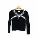 【中古】trefle a quatre feuilles ニット カットソー Vネック 長袖 綿混 切替 柄 リボン ブラック 黒 /HT28 レディース 【ベ...