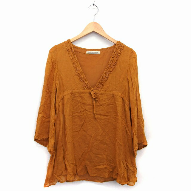 【中古】グリーンレーベルリラクシング ユナイテッドアローズ green label relaxing チュニック カットソー Vネック 長袖 ロングテール 薄手 ウール混 レース リボン ブラウン 茶 /HT7 レディース 【ベクトル 古着】 220304