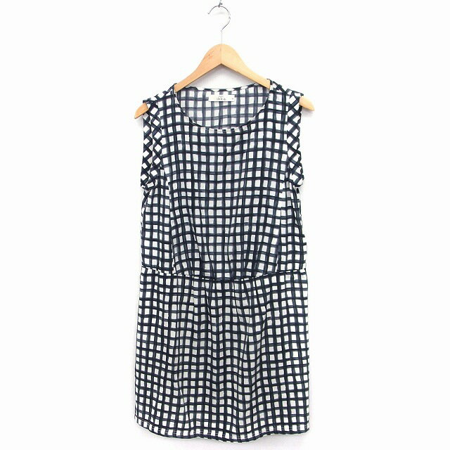 【中古】イッカ ikka チェック柄 ワンピース フレア ひざ丈 ノースリーブ 丸首 M アイボリー 白 ブラック 黒 /FT35 レディース 【ベクトル 古着】 220514