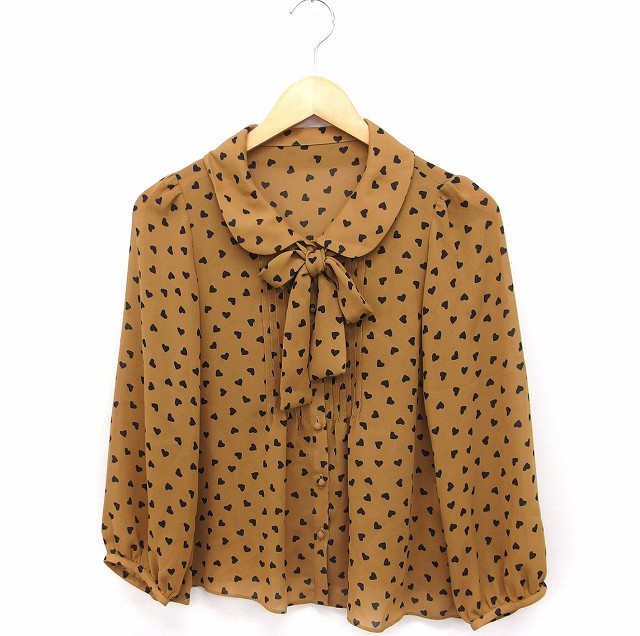 【中古】ボンメルスリー BON MERCERIE ハート柄 シャツ ブラウス リボンネック 長袖 シフォン 38 キャメル 茶 /FT9 レディース 【ベクトル 古着】 220530
