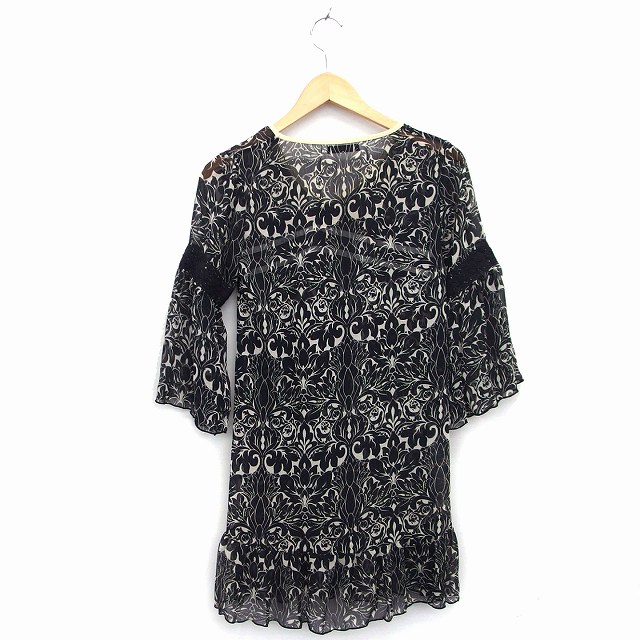 【中古】レイビームス Ray Beams ワンピース ミニ フレア レース 透け感 薄手 総柄 七分袖 M 黒 ブラック /NT11 レディース 【ベクトル 古着】 220729