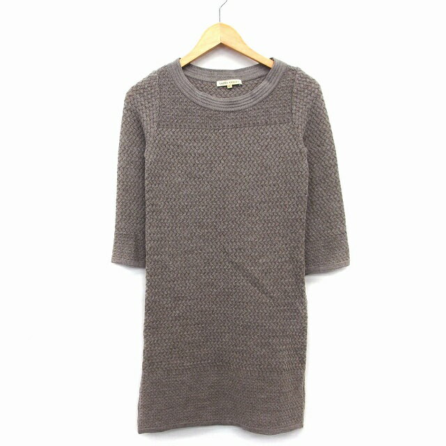 【中古】ローラアシュレイ LAURA ASHLEY ニット ワンピース Iライン 膝下 七分袖 丸首 ウール混 総柄 切替リブ 9 グレージュ /HT2 レディース 【ベクトル 古着】 221007