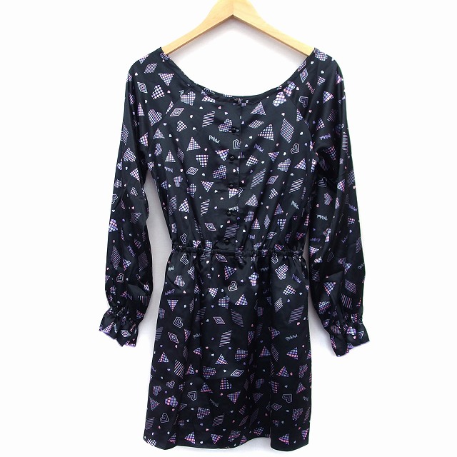 【中古】ミルクフェド MILKFED. ワンピース フレア 膝下 長袖 丸首 ハーフボタン 総柄 S ブラック 黒 /HT18 レディース 【ベクトル 古着】 221109