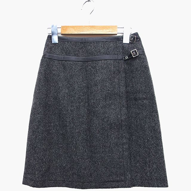 【中古】クミキョク 組曲 KUMIKYOKU ラップ スカート 台形 ミニ 膝上 総柄 ベルト ウール 毛 S1 グレー 灰 /HT30 レディース 【ベクトル 古着】 221216