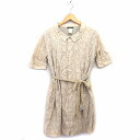 【中古】パドカレ pas de calais ワンピース シャツワンピ フレア ロング コットン 綿 透け感 リボン ギャザー ダマスク柄 五分袖 38 ライトブラウン /NT6 レディース 【ベクトル 古着】 230424