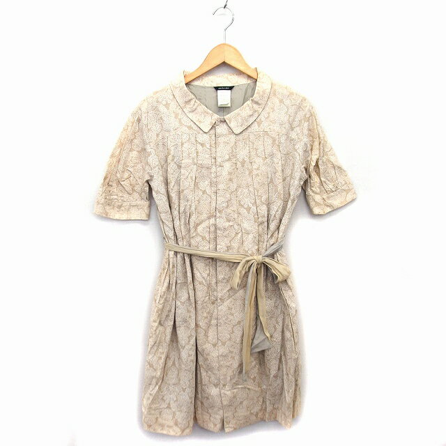 【中古】パドカレ pas de calais ワンピース シャツワンピ フレア ロング コットン 綿 透け感 リボン ギャザー ダマスク柄 五分袖 38 ライトブラウン /NT6 レディース 【ベクトル 古着】 230424