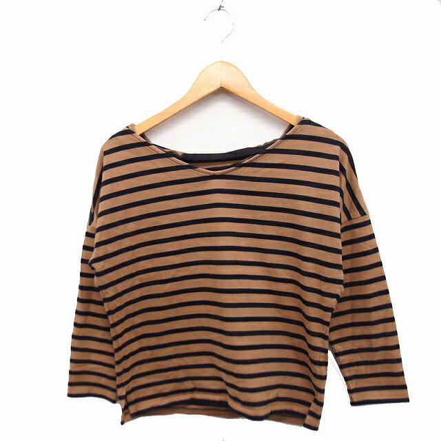 【中古】シェアパーク SHARE PARK ボーダー柄 カットソー バスクシャツ ワイド 9分袖 綿 1 キャメル 茶 /FT11 レディース 【ベクトル 古着】 230417