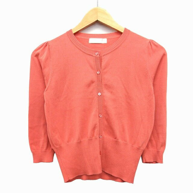 【中古】ユニバーバル ミューズ UNIVERVAL MUSE カーディガン ショート丈 無地 シンプル 切替リブ 七分袖 丸首 綿混 コーラルピンク /HT18 レディース 【ベクトル 古着】 230519