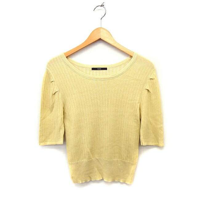 【中古】カスタネ Kastane リブ ニット セーター Uネック 五分袖 麻混 F イエロー 黄 /FT24 レディース 【ベクトル 古着】 230524