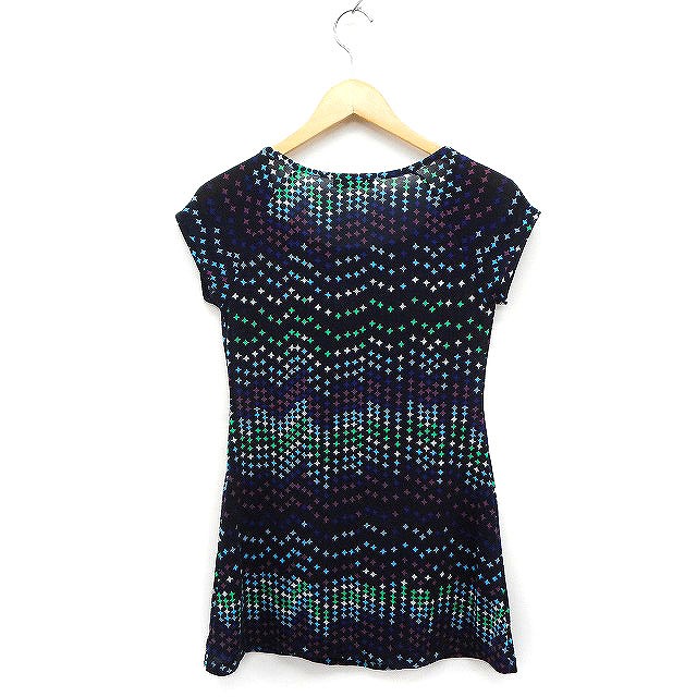 【中古】フリーズフレーズ FREE'S PHRASE チュニック カットソー Uネック 半袖 総柄 カラフル M ブラック 黒 /FT40 レディース 【ベクトル 古着】 230610