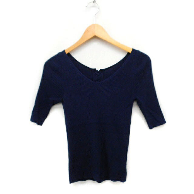 V-Neck - 【中古】アクアガール aquagirl リブ ニット セーター 五分袖 Vネック バックレースアップ 無地 ネイビー 紺 /FT4 レディース 【ベクトル 古着】 230713